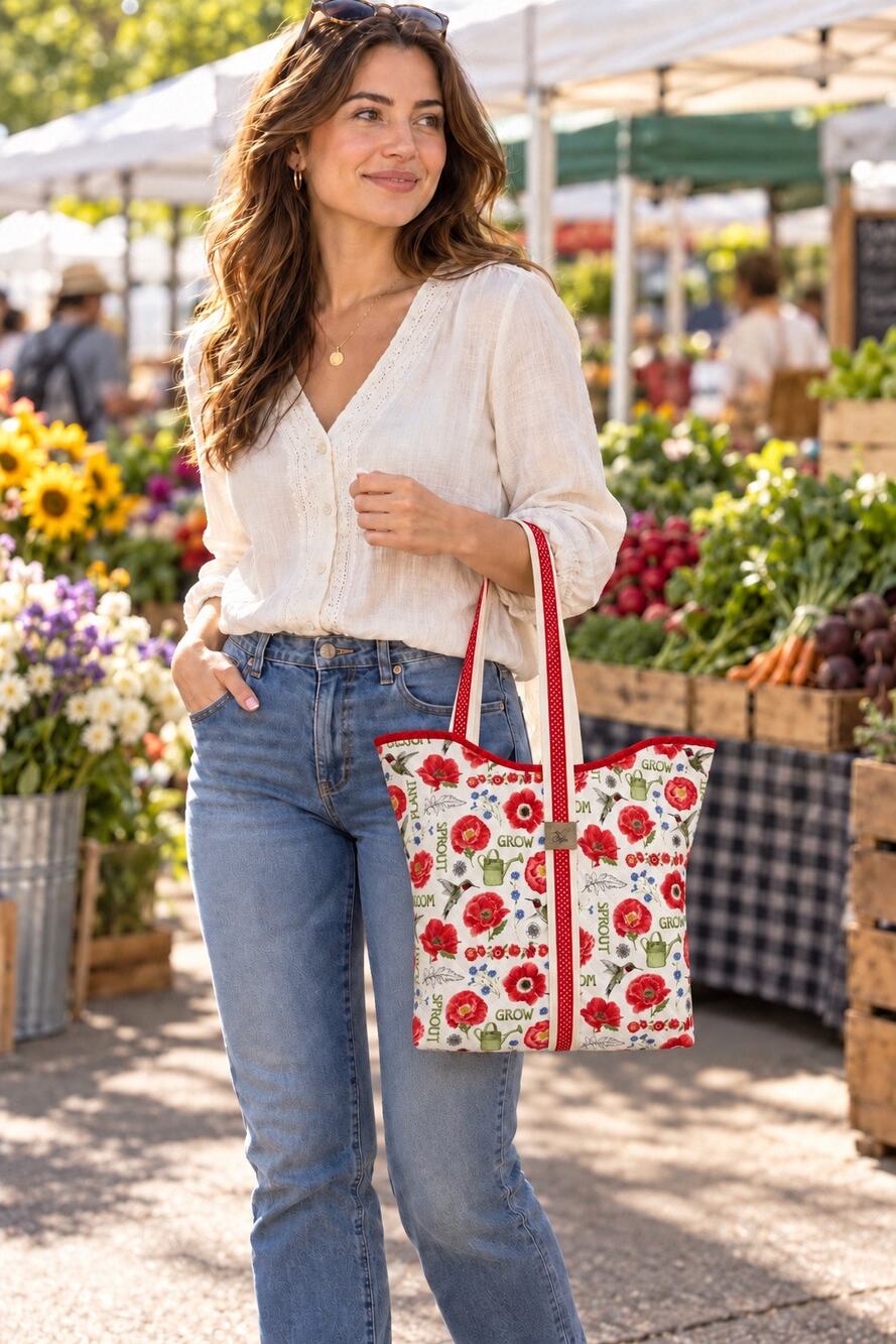 Handmade Quilted Poppy Hummingbird Tote Bag Red Floral Market Shoulder Bag